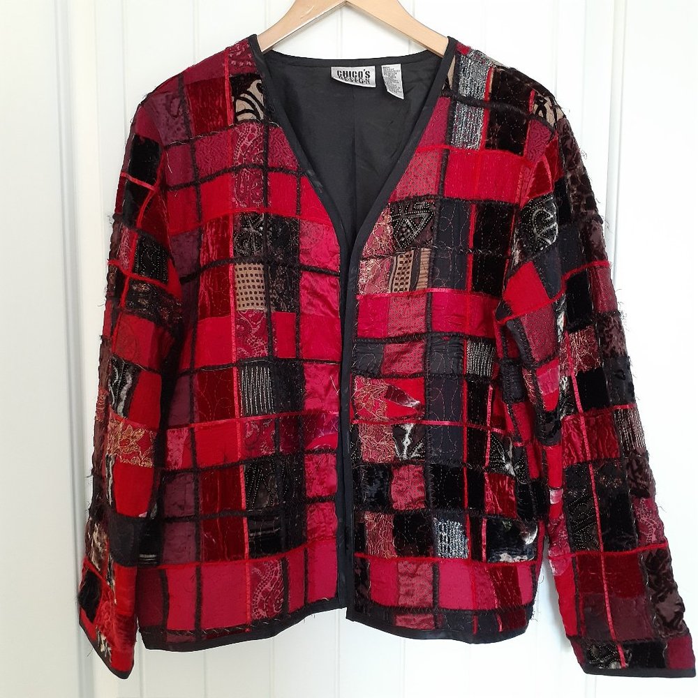 Chico's Silk Blend Patchwork Wearable Art Open V-Neck Jacket Red Size 1/Size M